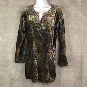Velvet Butterfly Print Tunic Top Boho Embellished Long Sleeve Whimsical L